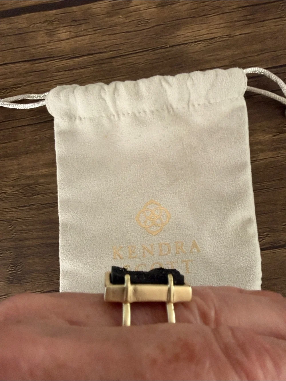 Kendra Scott Gold-Tone Ring with Black Druzy Rectangle. Adjustable.